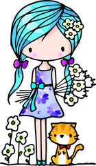 vector cartoon girl with cat