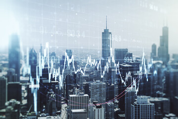 Abstract virtual financial graph hologram on Chicago cityscape background, financial and trading...