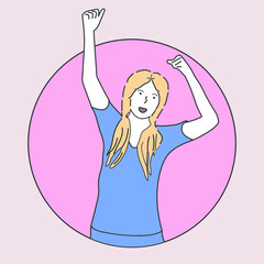 A joyful girl smiles and dances raising her hands up. Symbolizes the sphere of entertainment, success, joy, achievement of goals, happiness. Vector illustration.