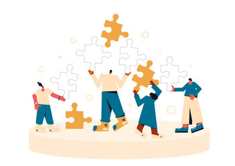 Teamwork concept. Business team coworking Tiny people with huge puzzles pieces. Collaboration. Vector flat illustration.