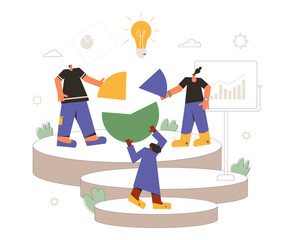 Data analytics team. Financial report concept. Business presentation preparation. Tiny people with huge circular diagram and graph. Teamwork. Vector flat illustration.