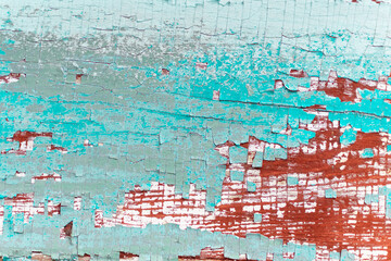 The surface of a old painted wooden board with a peeling and cracked layer of blue and gray paint, closeup. The aged natural textured wood backdrop, vintage door or rustic fence. Retro background.