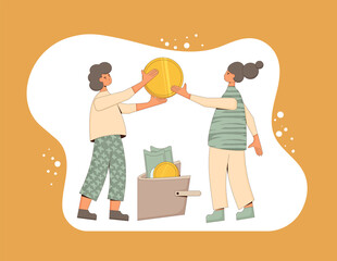 Family budget concept. Young pair holding a huge coin and putting it in wallet with coins and banknotes. Line art flat vector illustration. 