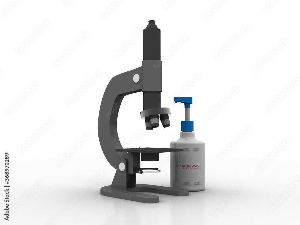 Poster 3d rendering virus testing microscope with handwash