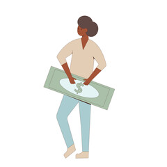 Person standing with money. Line art flat vector character with huge paper currency isolated on white background. 