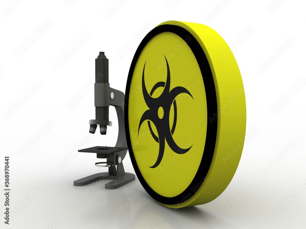 Poster 3d rendering virus testing microscope with medicine bottle