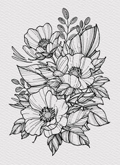Tattoo bouquet of poppies with foliage. Floral illustration for tattoo, t-shirt design. Tattoo for forearm, thigh, back. Illustration on watercolor paper with texture