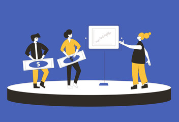 IPO concept. Initial public offering. Stock market. People with board with graph. Manager giving a presentation and sharholders giving their money. Vector flat illustration.