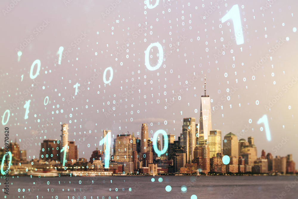 Poster abstract virtual binary code sketch on manhattan office buildings background, hacking and matrix con