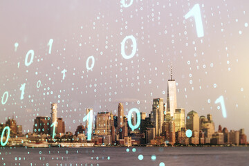 Abstract virtual binary code sketch on Manhattan office buildings background, hacking and matrix concept. Multiexposure