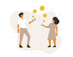 Payment with phone concept. Online finance transaction service. Two people with mobile and digital money. Line art flat vector illustration. 