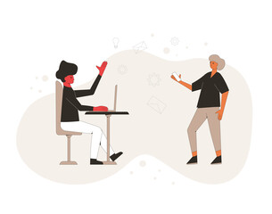 Business partners. Financial advisor and analyst. Minor shareholders. People with huge computer monitor. Vector illustration.