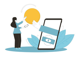 Cashback concept. Cash back. Big hand in phone screen giving money to young woman. Teenage girl get huge digital coin. Line art flat vector illustration. 