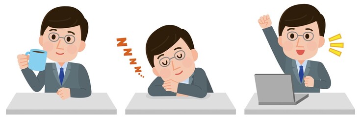 昼寝　コーヒーナップでスッキリ起きる男性社員　イラスト