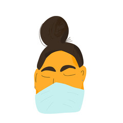 Woman in white medical face mask icon. Female patient in prevention mask. 2019-nCoV quarantine. Pandemic of coronavirus. Vector flat illustration.