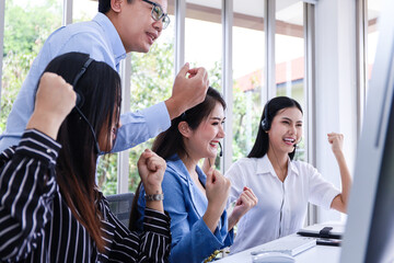 Obraz premium Officer of contact call center working and telecommunicate with support customer service assistance, office room