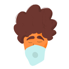 Young man in white medical face mask icon. Flu protection. Teenager in prevention mask. 2019-nCoV quarantine. Pandemic of coronavirus. Vector flat illustration.
