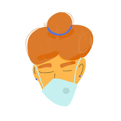 Girl in white medical face mask icon. Female patient in prevention mask. 2019-nCoV quarantine. Pandemic of coronavirus. Vector flat illustration.