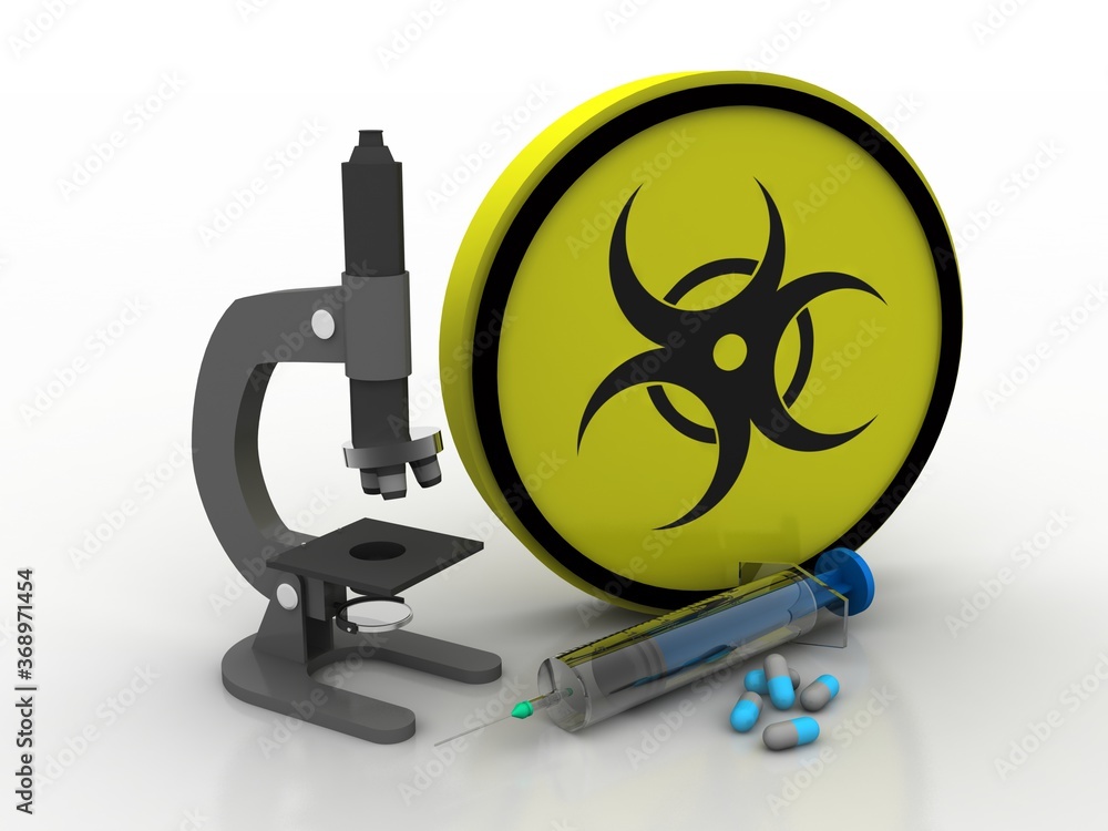 Poster 3d rendering virus testing microscope with syringe with pill