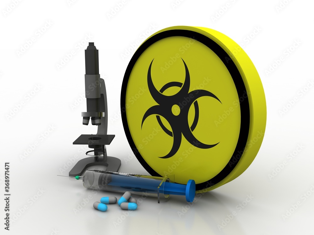 Poster 3d rendering virus testing microscope with syringe with pill
