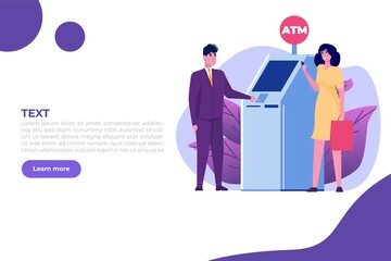 People are waiting in line near ATM machine. Queue at the ATM. Perform financial transactions Vector illustration in a flat style