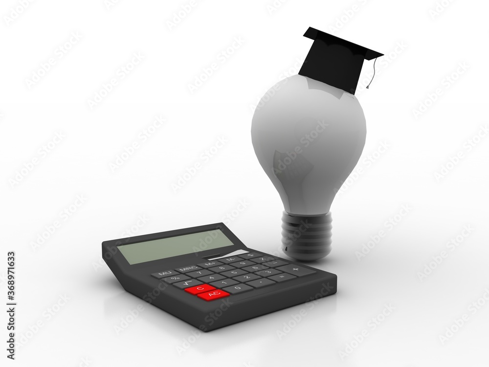 Poster 3d rendering calculator with graduate cap in bulb