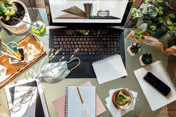 Freelance Workplace at Home, Distance Learning, Back to School, Learning During Quarantine, Lockdown Covid 19, Work from Home, Stay Home, Distance Learning.Workation