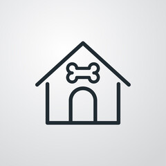 Concepto cuidado de mascotas. Icono plano lineal casa de perro con hueso en fondo gris
