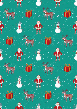 Seamless background is for their Christmas package А4. 8-bit pixel art. High resolution illustration. Christmas Set. image for wrapping paper. Seamless xmas print for wrapping paper. Santa with gifts 