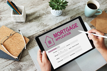 Online mortgage application on screen. Property loan. Business and financial concept.