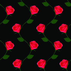 Branches of roses on a black background, vertical seamless pattern.