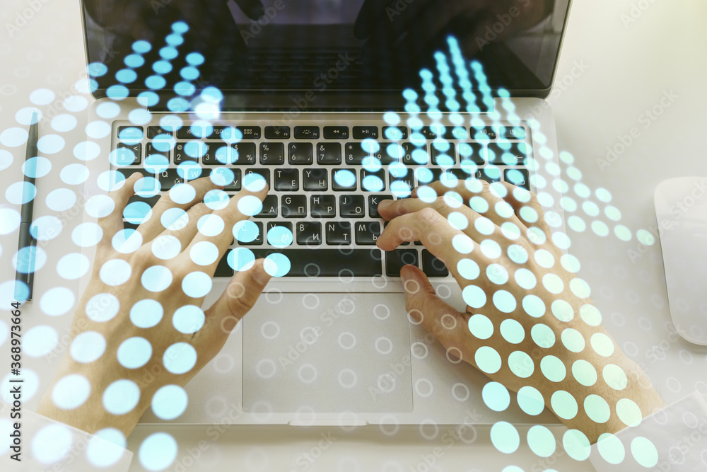 Poster creative abstract upward arrows hologram and hands typing on computer keyboard on background, leader