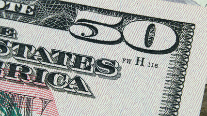 Element of American cash banknote 50 dollars. Macro photography
