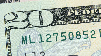 Element of American cash banknote 20 dollars. Macro photography