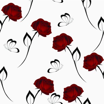 Red velvet roses with butterflies on a white background, seamless pattern.