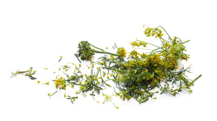 Fresh green dill with yellow flowers pile isolated on white background