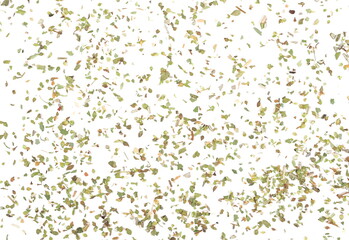 Oregano spice pile isolated on white background, top view