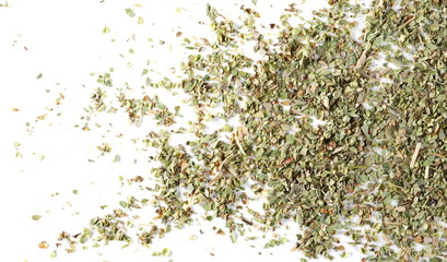 Oregano spice pile isolated on white background, top view