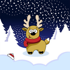 Christmas deer in the winter forest. Cute and funny illustration for a winter card, banner, poster. Vector, isolated.