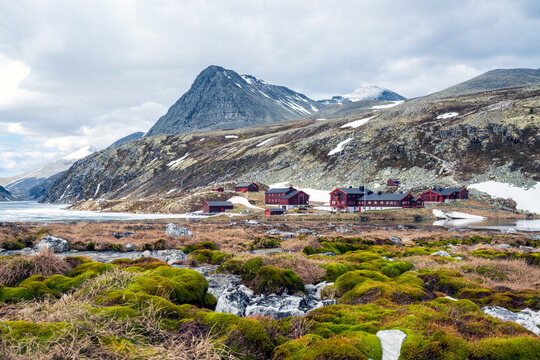 Panorama of Rondvassbu tourist cabins in Rondane national park, Rondane, Norway. Landscape and scenery concept.