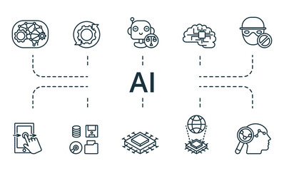 Ai icon set. Collection contain digital, computer, vision, reverse, engineering, ethics, fraud, prevention, artificial, intelligence and over icons. Ai elements set