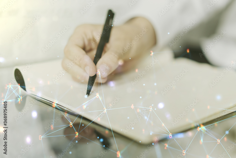 Aufkleber Creative concept of wireless technology and man hand writing in notebook on background. Big data and database concept. Multiexposure