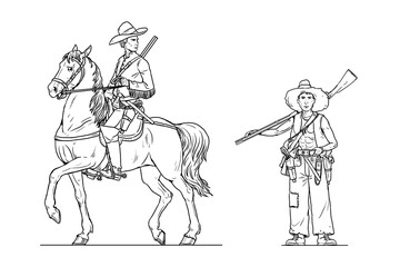 Mounted cowboy and trapper with gun. Wild west illustration.