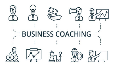 Business Coaching icon set. Collection contain pack of pixel perfect creative icons. Business Coaching elements set