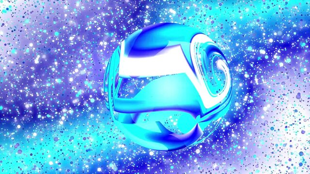 A rotating sphere with turbulent flows of blue shades against a background of blue shades with shimmering dots. Abstract motion graphics. Fractal animation. Beautiful bright ornament. Endless cycle