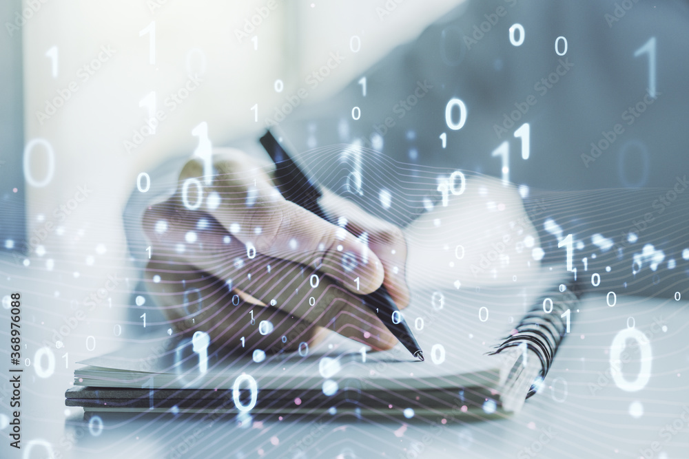 Leinwandbilder creative concept of binary code illustration and man hand writing in notebook on background. big dat