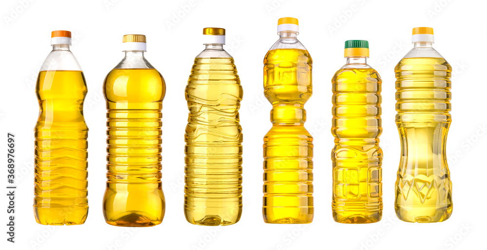 Poster vegetable or sunflower oil in plastic bottle