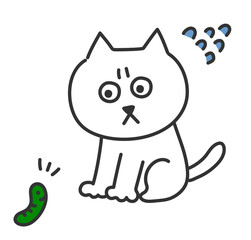 Cat being scared with a caterpillar. Vector illustration isolated on white background.