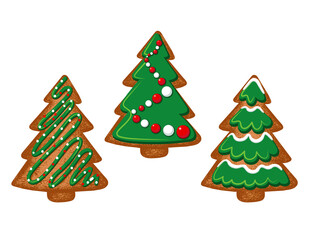 .Gingerbread Christmas trees. Vector illustration of holiday baking. Christmas collection.