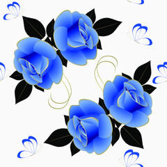 Blue roses with butterflies on a white background, seamless pattern.